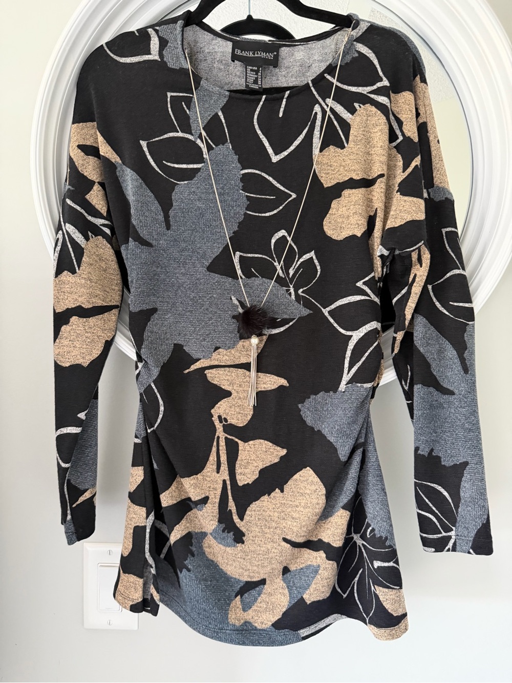 Frank Lyman Design Black Floral Print Long Sleeve Top - Beige & Gray Accents